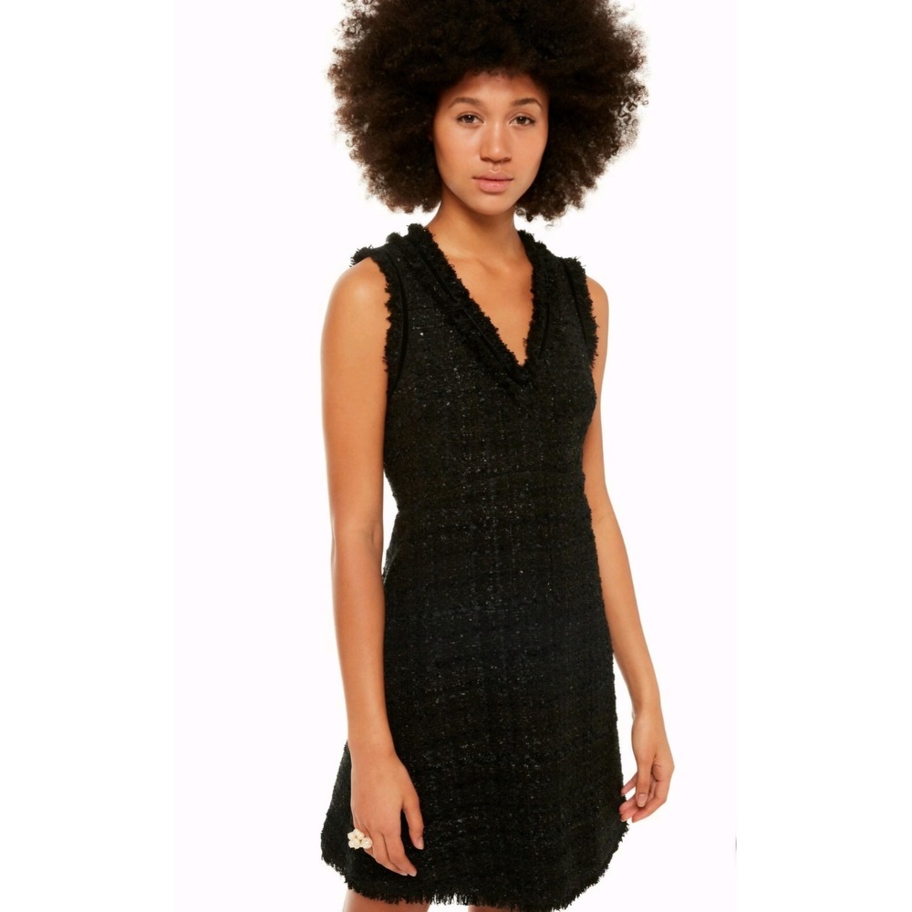 Kate Spade New York Sparkle Tweed Fit & Flare Dress Black Fringe V Neck 8